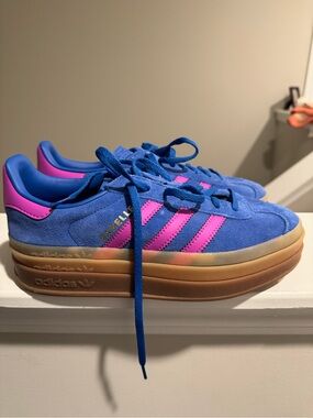 adidas Blue Suede Platform Sneakers with Pink Stripes